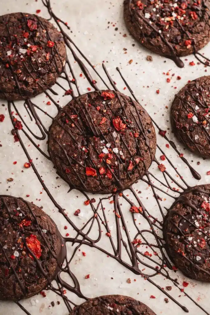Chocolate covered strawberry cookies drizzled with dark chocolate and sprinkled with sea salt