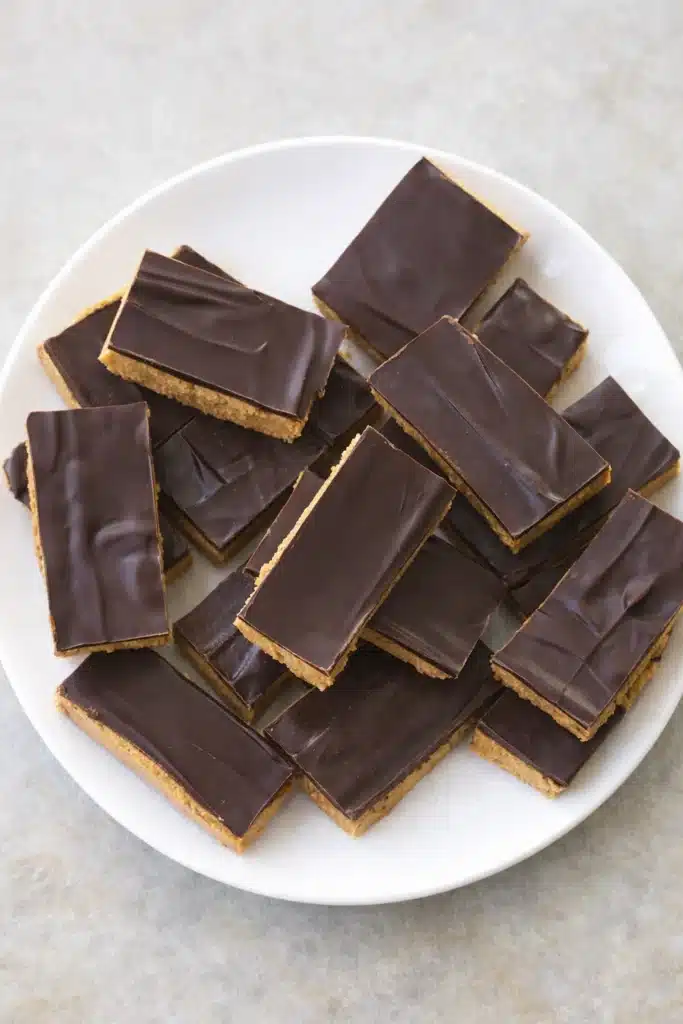 Homemade chocolate peanut butter protein bars on white plate