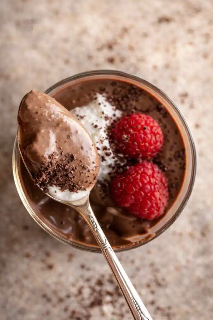 Chocolate protein pudding with raspberries and whipped cream in a glass cup