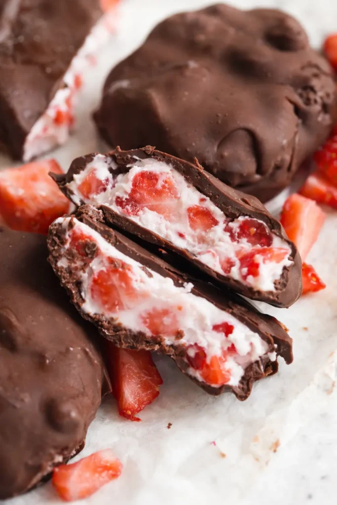 Chocolate strawberry yogurt cluster cut open with creamy yogurt and strawberries inside