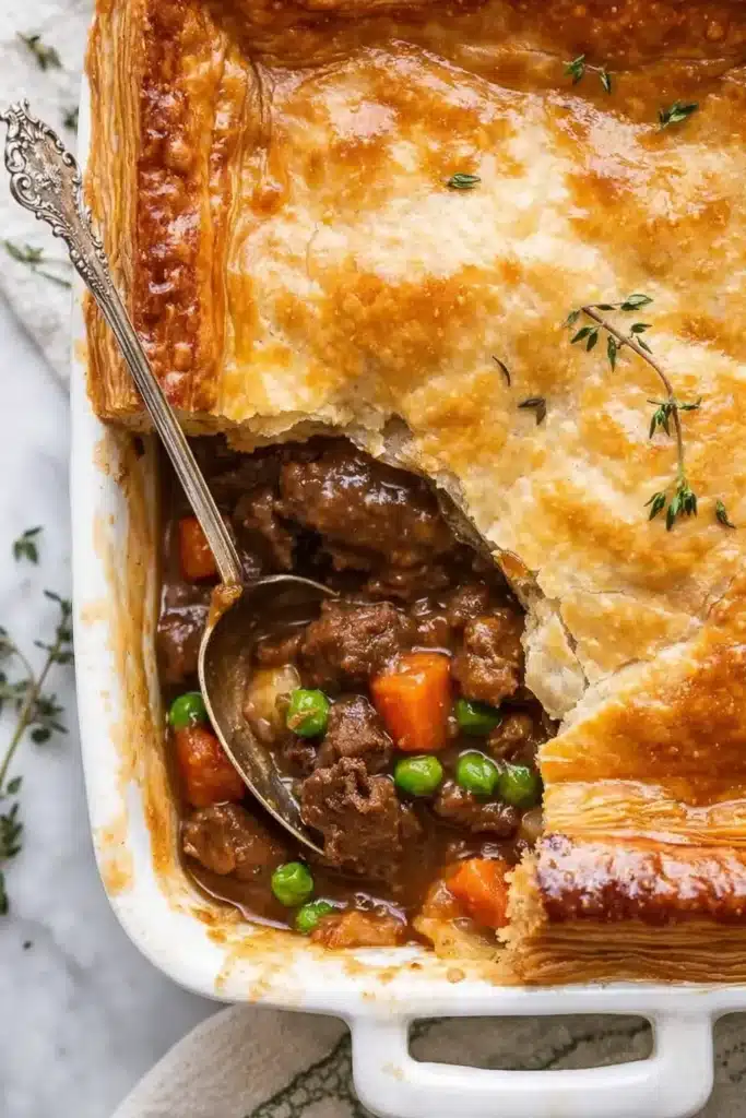 Classic beef pot pie in white dish with golden flaky crust and beef filling