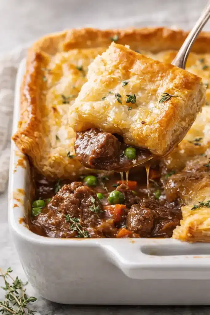 Golden beef pot pie with flaky crust and rich beef gravy in white dish