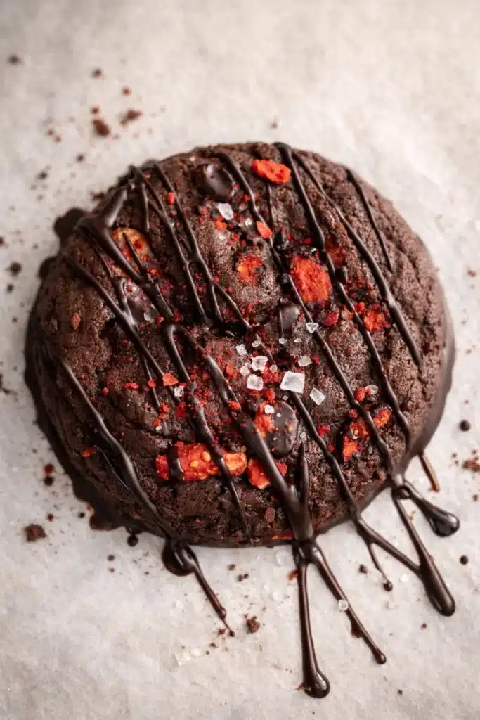 Chocolate covered strawberry cookie with dark chocolate drizzle and strawberry bits