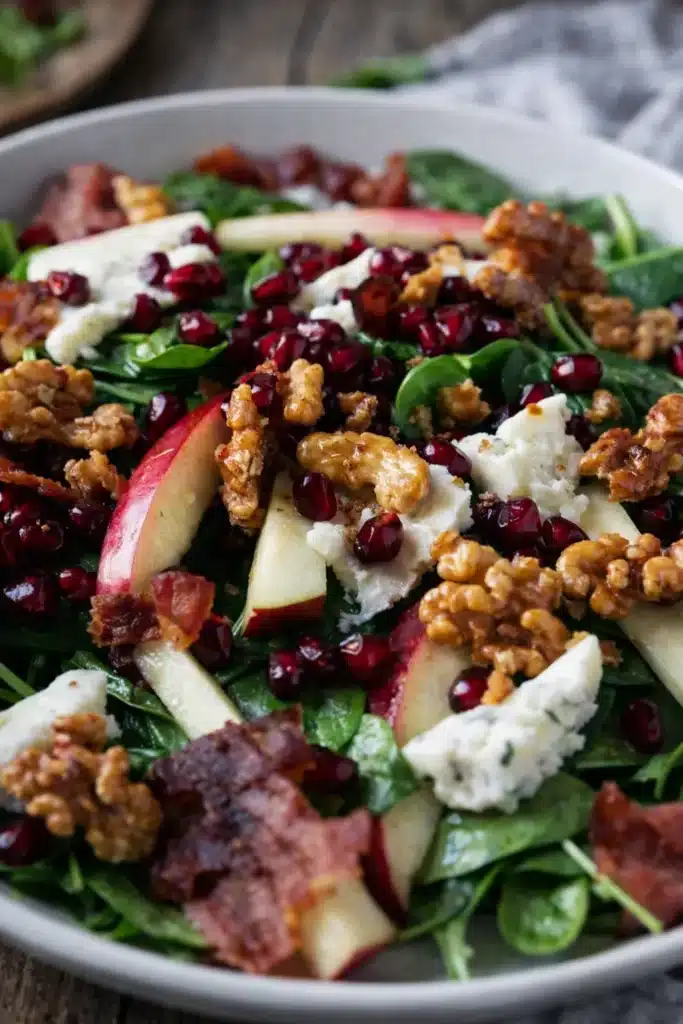 Close-up winter salad with spinach, apple, Gorgonzola, and pomegranate