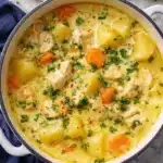 Creamy comforting chicken soup with potatoes, carrots, and herbs in a white pot
