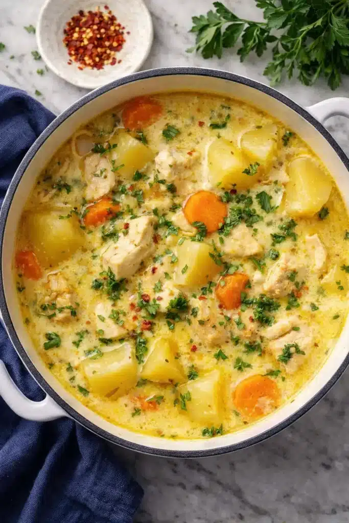 Creamy comforting chicken soup with potatoes, carrots, and herbs in a white pot
