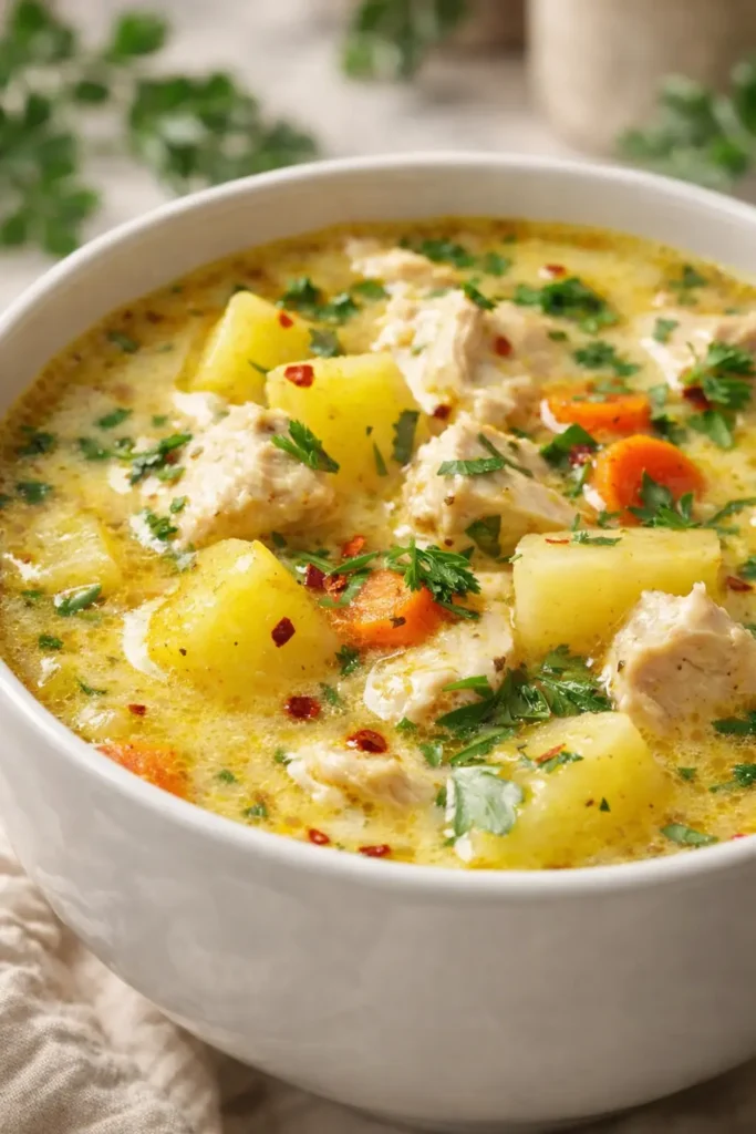 Comforting chicken soup with potatoes in a white bowl