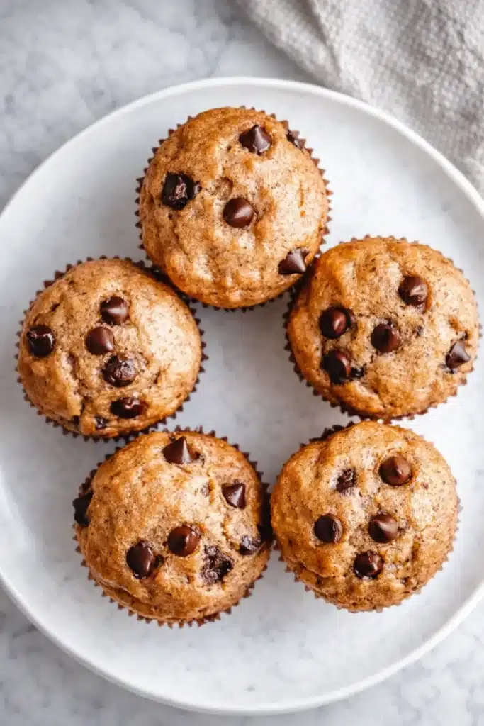 cottage cheese oatmeal blender muffins with chocolate chips on white plate