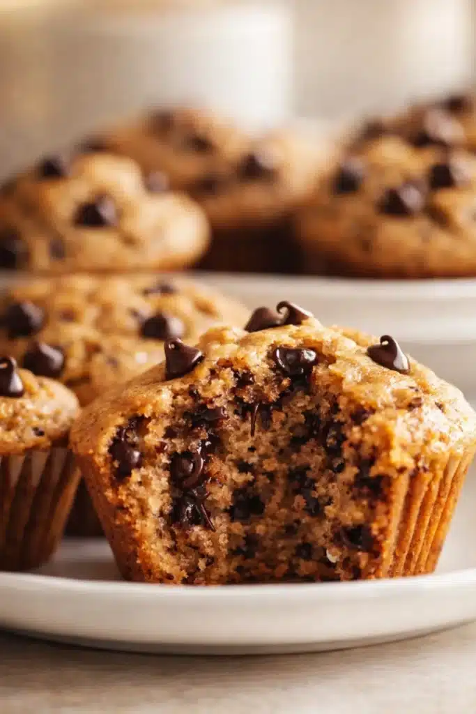 Cottage cheese oatmeal blender muffin with melted chocolate chips and bite