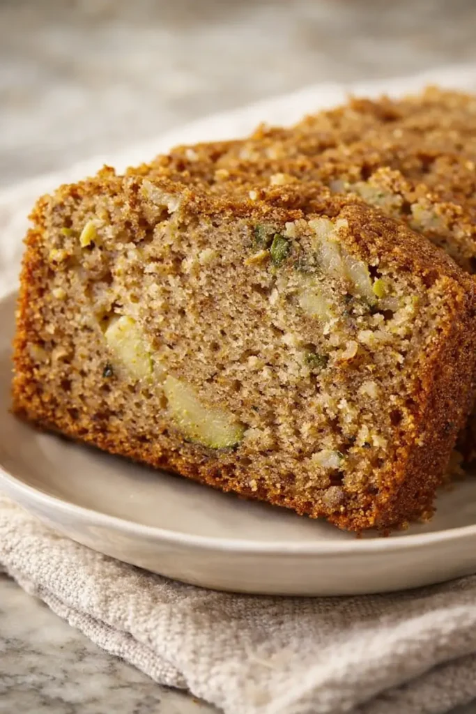 Slice of cozy spiced apple zucchini bread on white plate with soft crumb