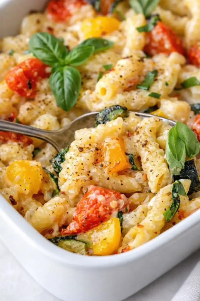  Creamy baked feta pasta with roasted tomatoes, peppers, and basil