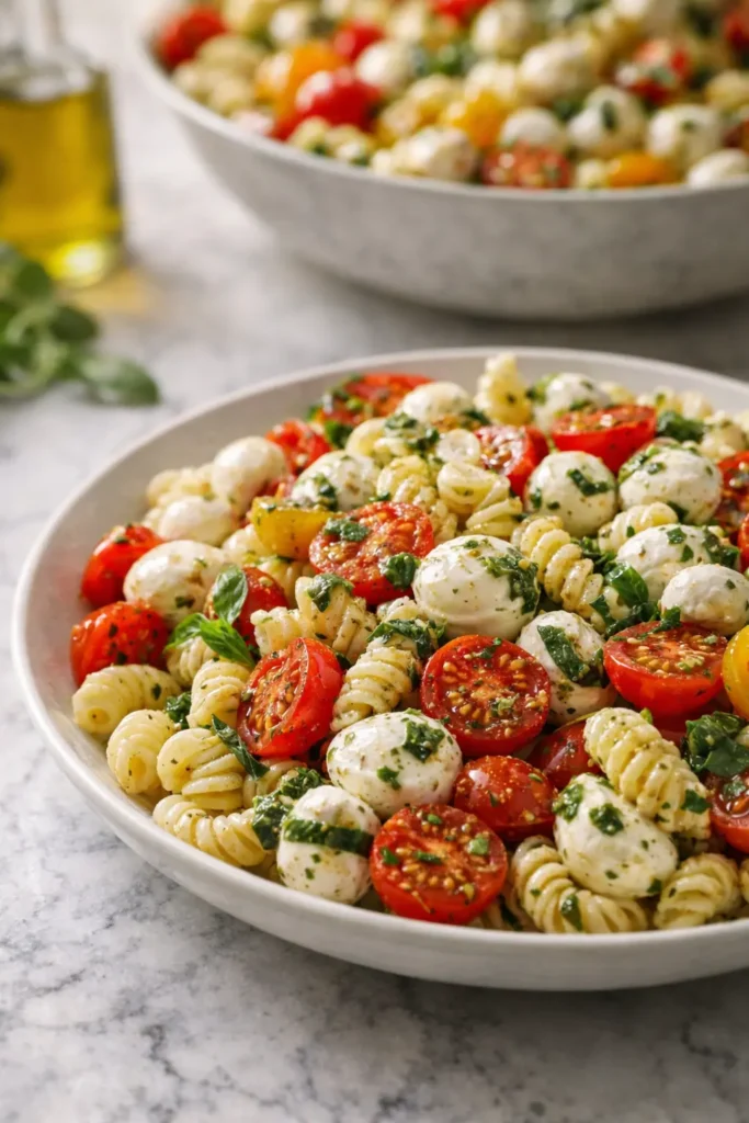 Creamy Caprese pasta salad with mozzarella, tomatoes, and basil
