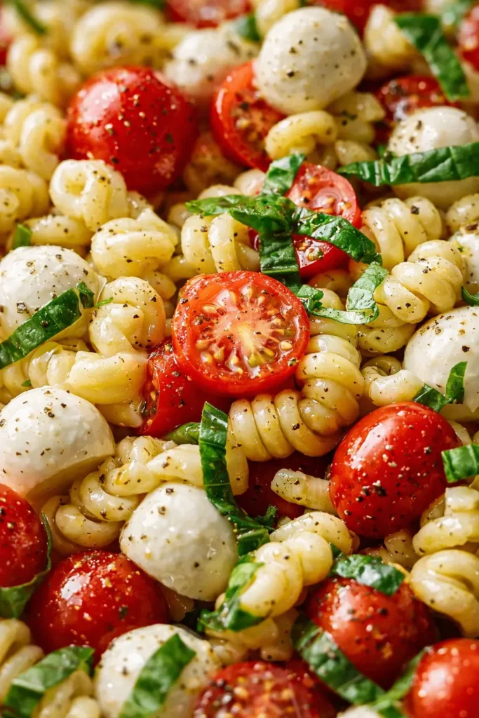 Close-up of creamy Caprese pasta salad with mozzarella, basil, and cherry tomatoes