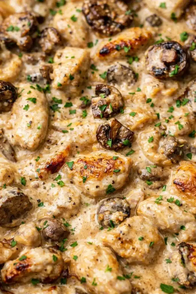 Close-up creamy chicken stroganoff with mushrooms and parsley