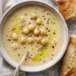Creamy chickpea soup with olive oil and bread on marble surface