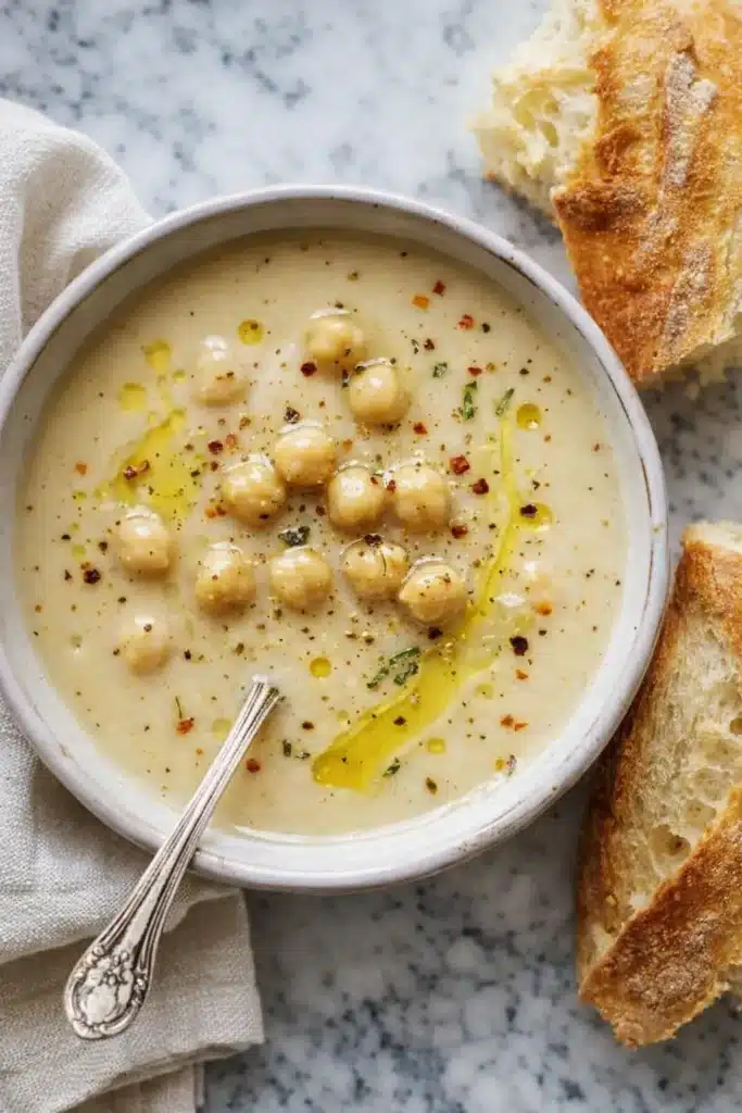 Chickpea Soup Recipe | Simple & Nourishing Comfort Bowl 5 Creamy chickpea soup with olive oil and bread on marble surface