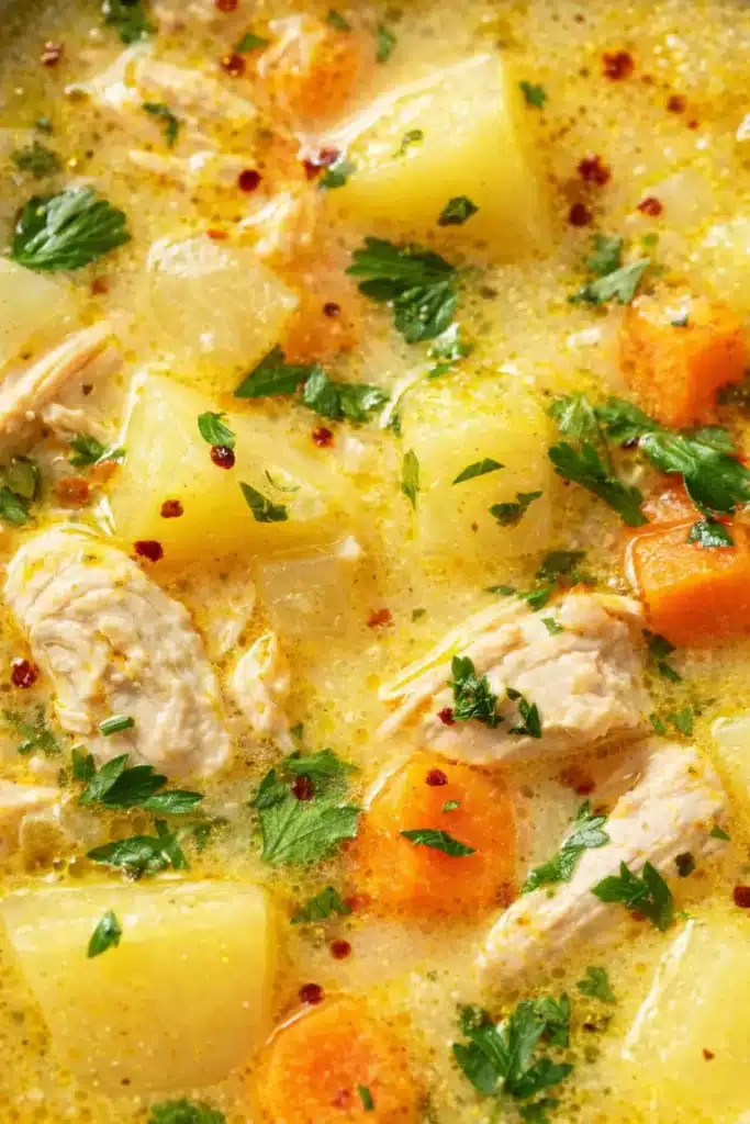 Close-up of creamy comforting chicken soup with potatoes and carrots
