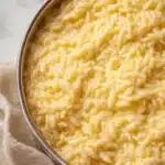 Creamy cottage cheese orzo in a bowl with smooth cheesy sauce