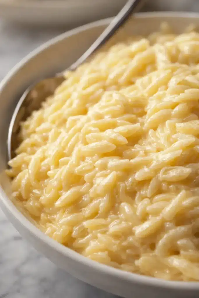 Creamy Cottage Cheese Orzo | Quick & Amazing Dinner Recipe 5 Creamy cottage cheese orzo in a white bowl with glossy cheese sauce