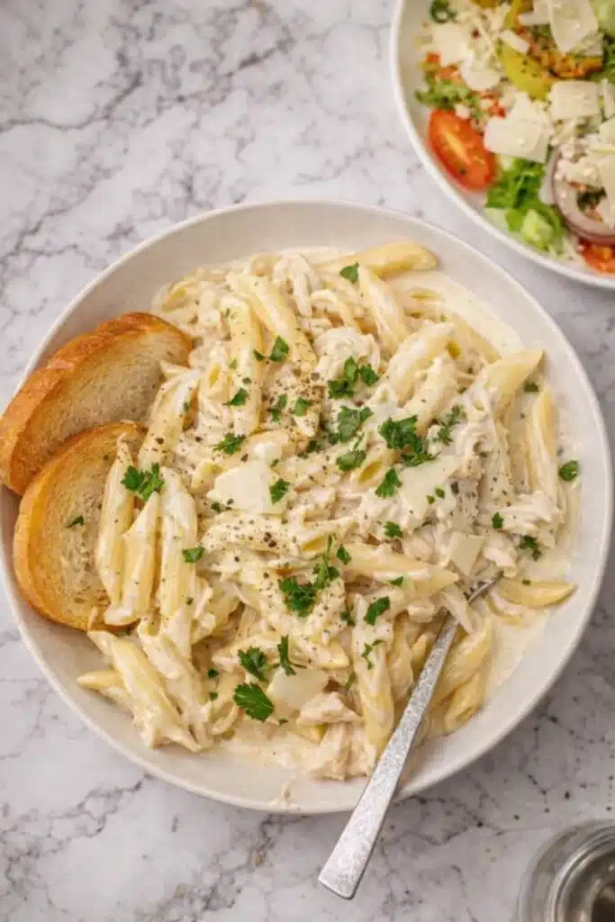 The BEST Crockpot Chicken Alfredo | Creamy & Delicious Dinner 5 Creamy Crockpot Chicken Alfredo with garlic bread and salad