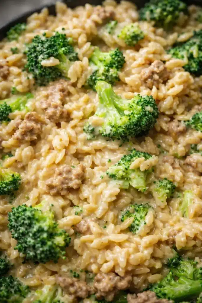 Creamy ground turkey orzo with broccoli in parmesan sauce