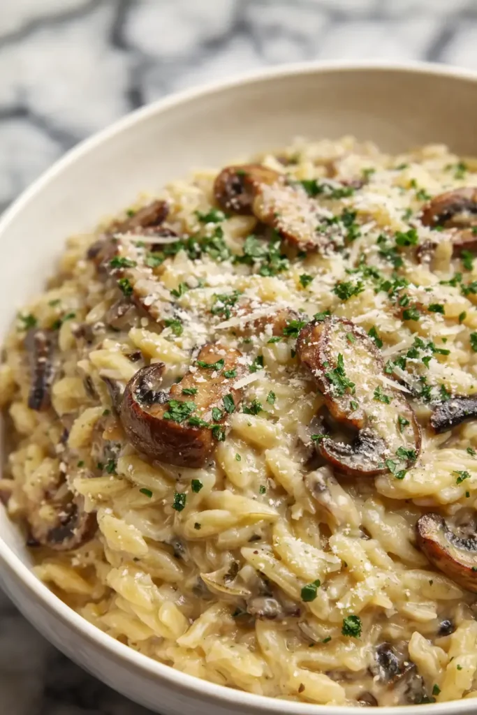 Orzo with Mushrooms: A Creamy One-Pot Dinner You’ll Crave 6 Creamy orzo with mushrooms topped with parsley and Parmesan cheese