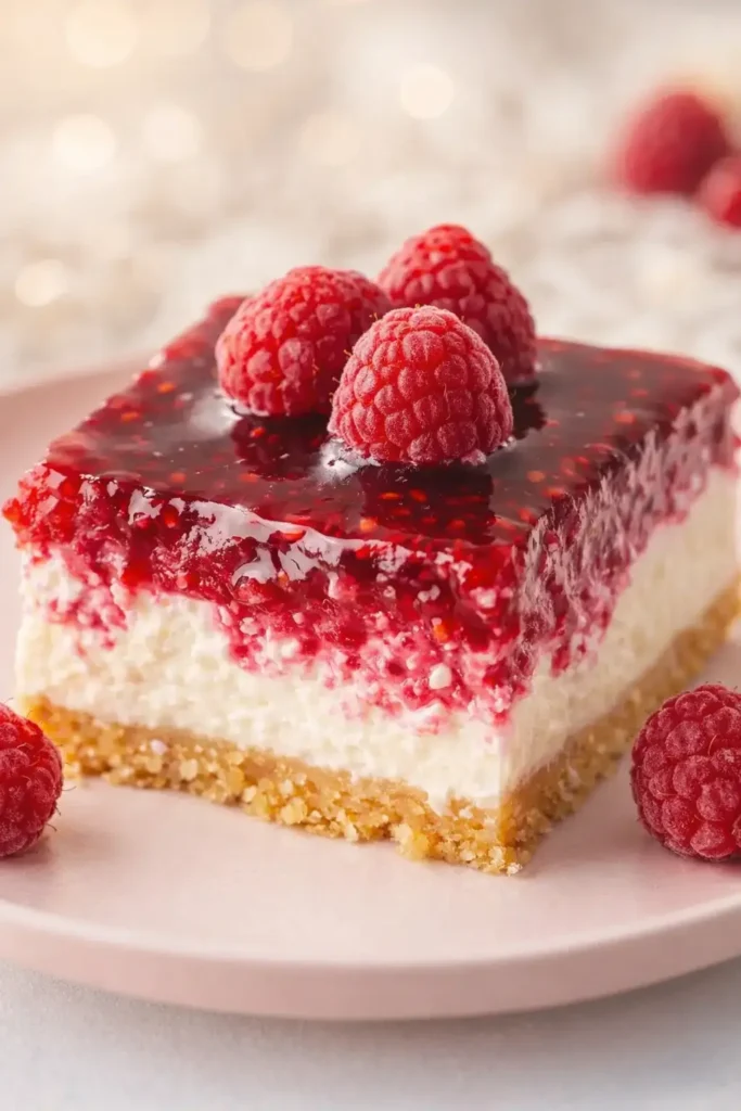 Close-up of creamy raspberry cheesecake slice with glossy raspberry topping