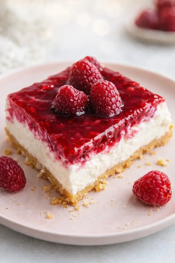 Creamy Raspberry Cheesecake | Simple, Delicious & Smooth 5 Creamy raspberry cheesecake slice with graham crust and glossy raspberry topping