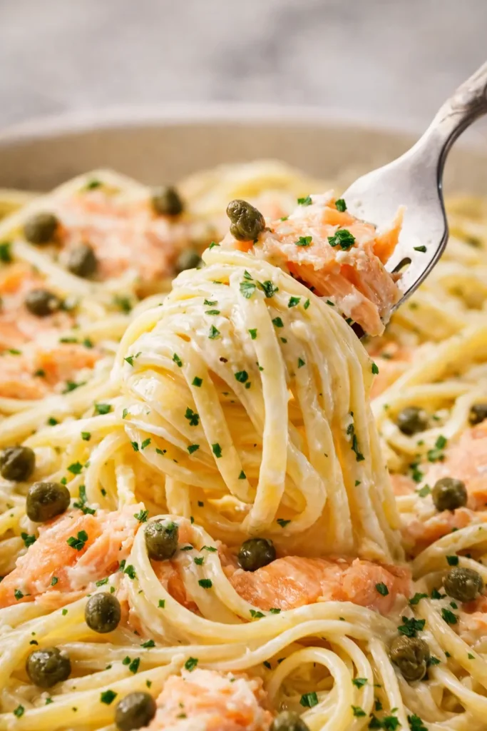 Fork twirling creamy smoked salmon linguine with capers