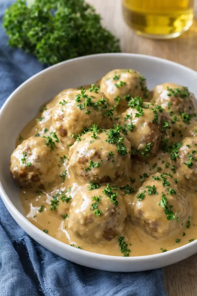 Creamy Swedish Meatballs Recipe | Easy Comfort Dinner 5 Creamy Swedish meatballs in golden gravy topped with parsley in a white bowl
