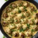 Creamy Swedish meatballs in rich gravy topped with parsley in a skillet