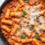 Creamy tomato ricotta pasta with rigatoni, Parmesan, and basil in a skillet