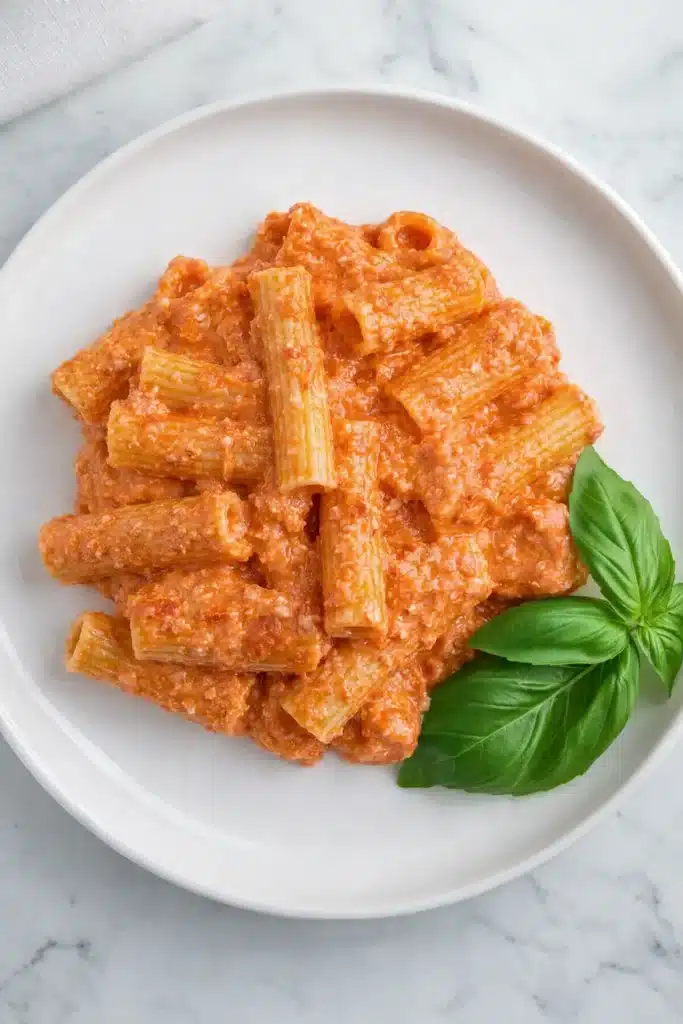 Creamy Tomato Ricotta Pasta | Simple & Amazing Dinner 5 Creamy tomato ricotta pasta with rigatoni and basil on a white plate