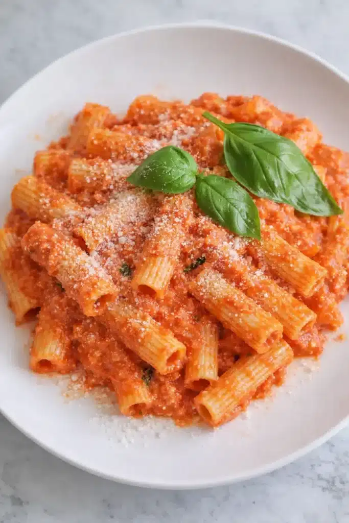 Creamy Tomato Ricotta Pasta | Simple & Amazing Dinner 6 Creamy tomato ricotta pasta with Parmesan and basil on a marble surface