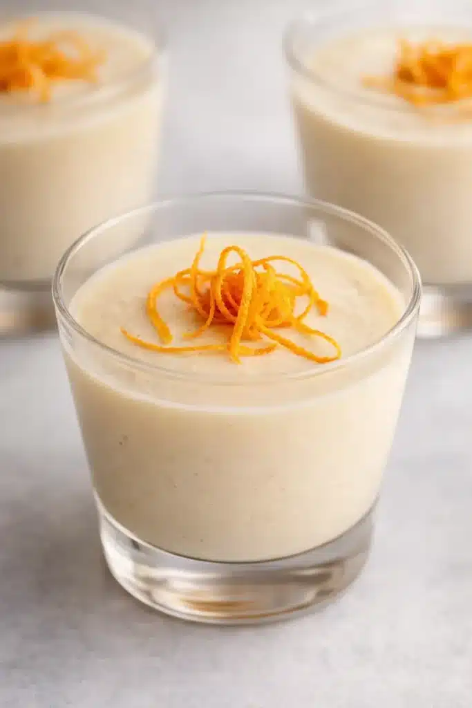 Creamy white chocolate orange mousse topped with orange zest curls in glass cups
