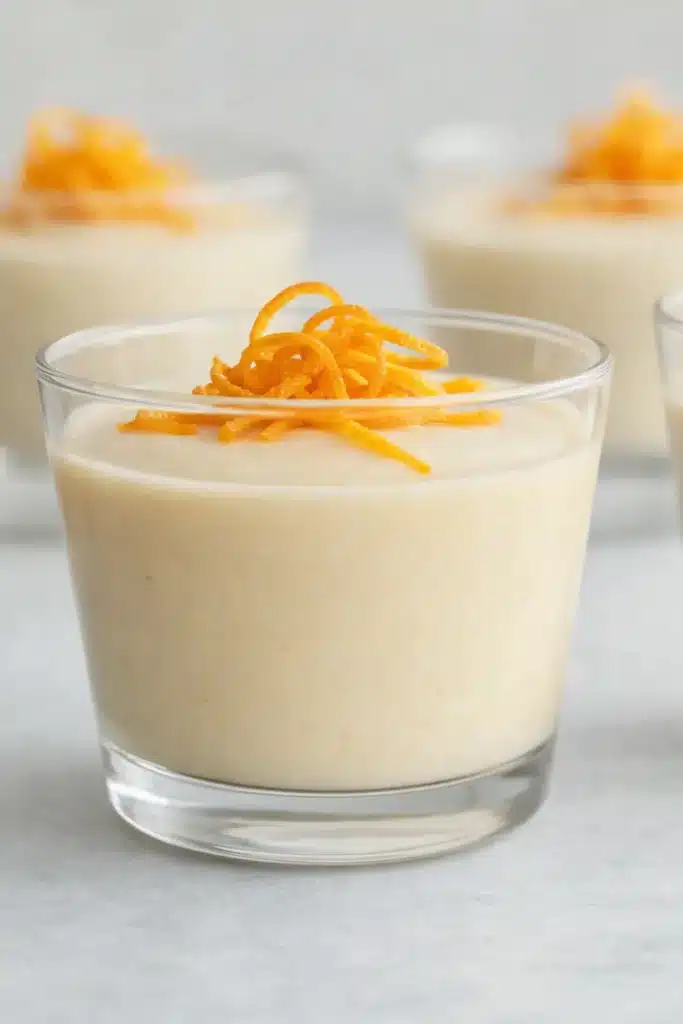Creamy white chocolate orange mousse in glass cups topped with orange zest curls