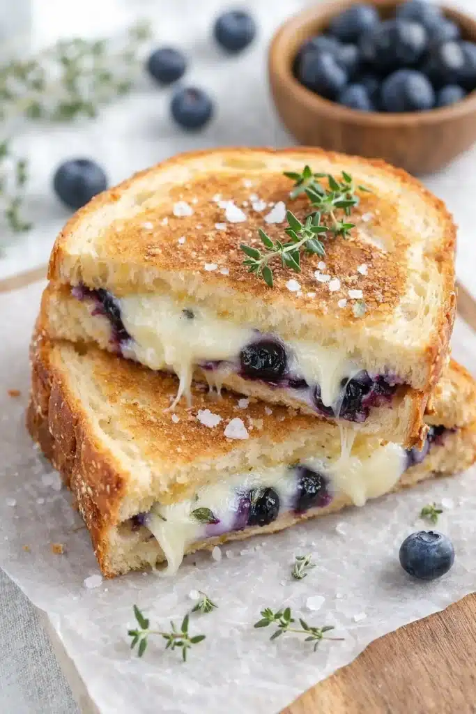 Crispy blueberry grilled cheese sandwich with melted cheese and thyme