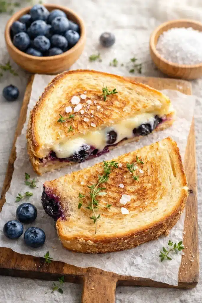 Crispy blueberry grilled cheese sandwich on wooden board with thyme and sea salt