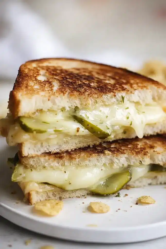 Crispy dill pickle grilled cheese sandwich with melted havarti on sourdough