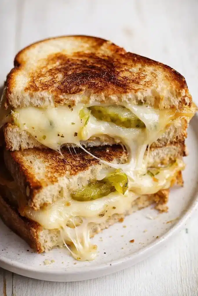 Crispy dill pickle grilled cheese sandwich with melted havarti on toasted sourdough
