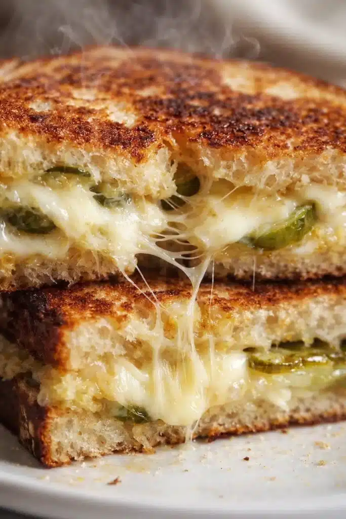 Hot crispy dill pickle grilled cheese sandwich with melted havarti cheese stretch