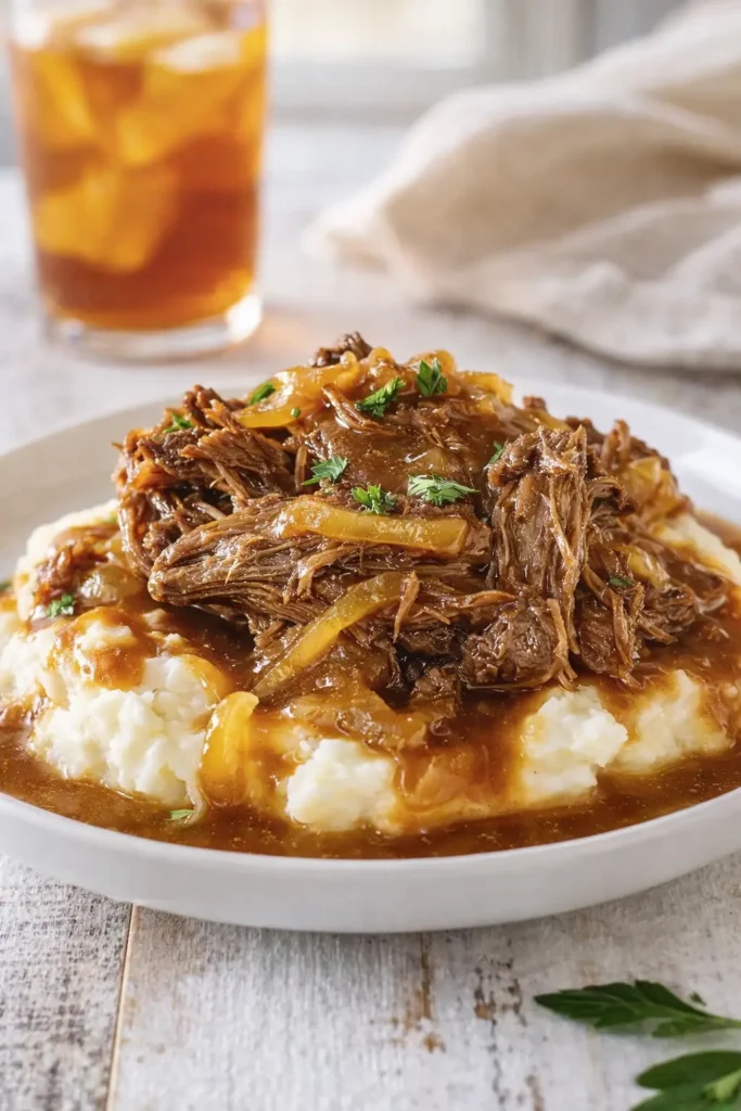 Crock Pot French onion pot roast over mashed potatoes with onion gravy