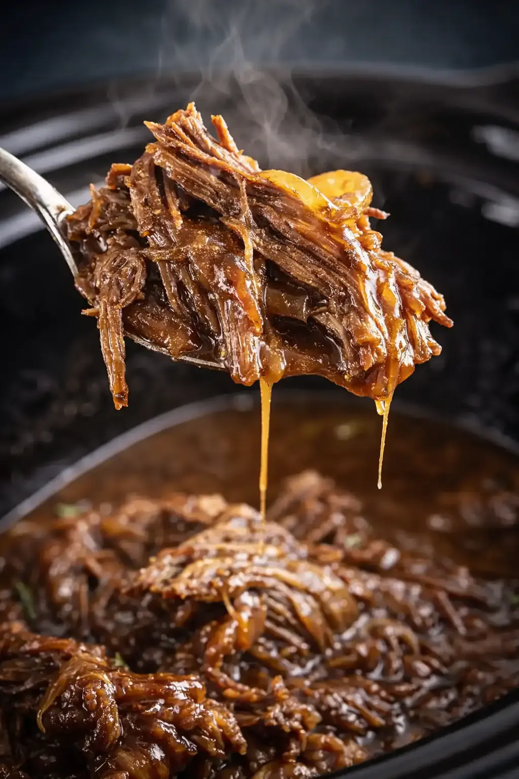Tender crock pot French onion pot roast lifted from slow cooker with onion gravy