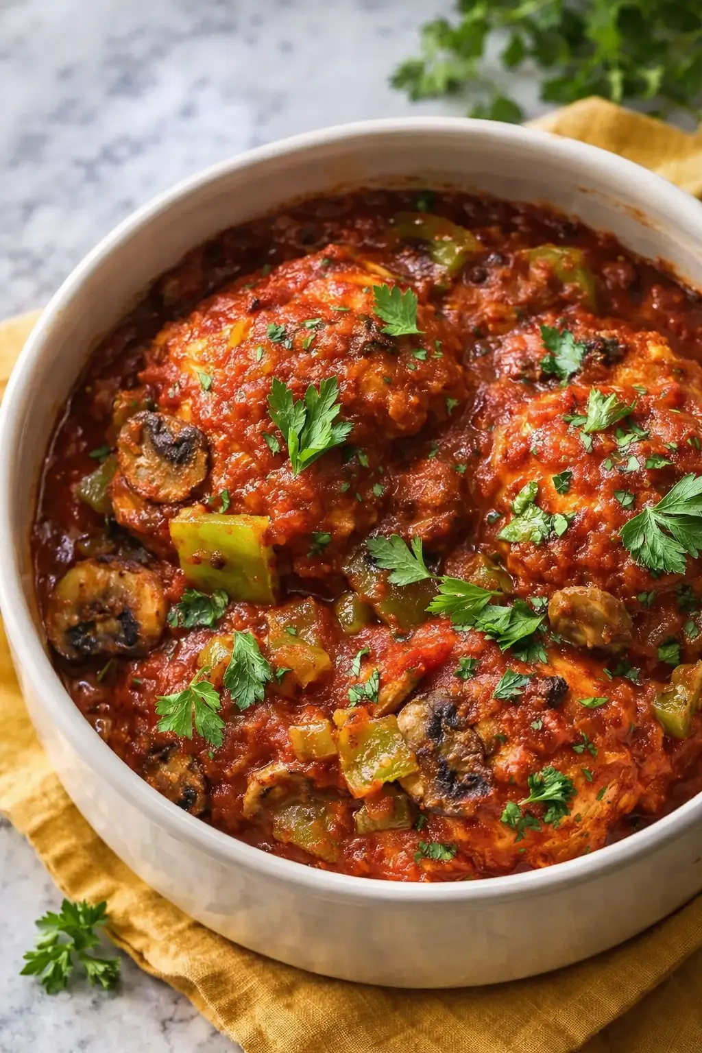 Crockpot Chicken Cacciatore with mushrooms, peppers, and tomato sauce