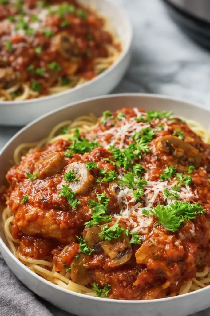 Crockpot Chicken Cacciatore over spaghetti with tomato sauce and parsley