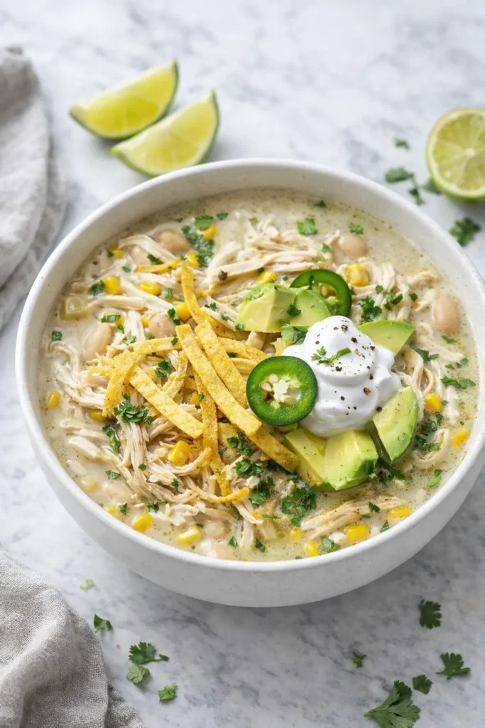 Crockpot white chicken chili soup with avocado, sour cream, and tortilla strips in a rustic bowl