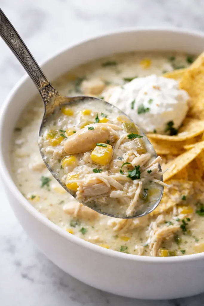 Creamy crockpot white chicken chili soup with spoon, sour cream, and tortilla chips