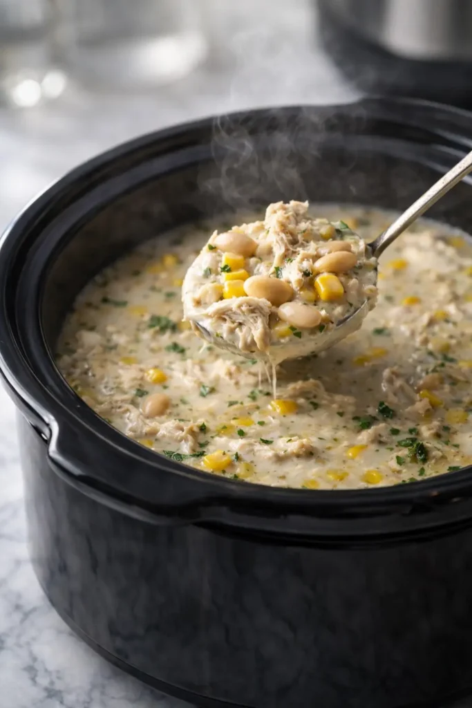Crockpot white chicken chili soup cooking in black slow cooker with ladle