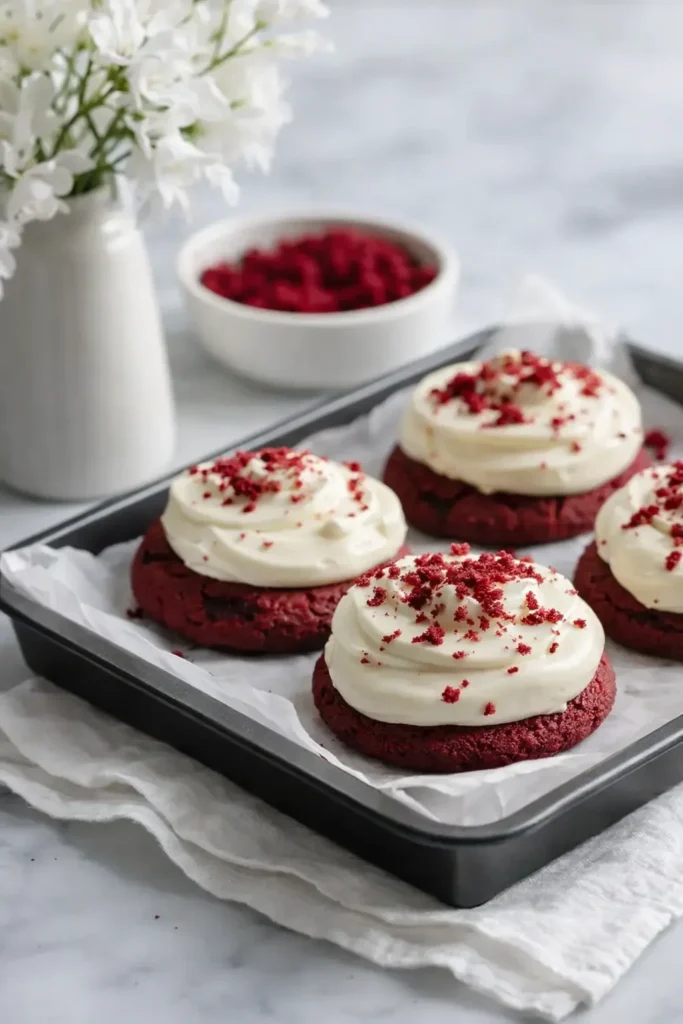 Crumbl Copycat Red Velvet Cookies with cream cheese frosting in tray