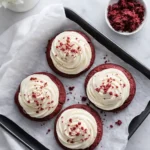Red velvet cookies with cream cheese frosting on a baking tray